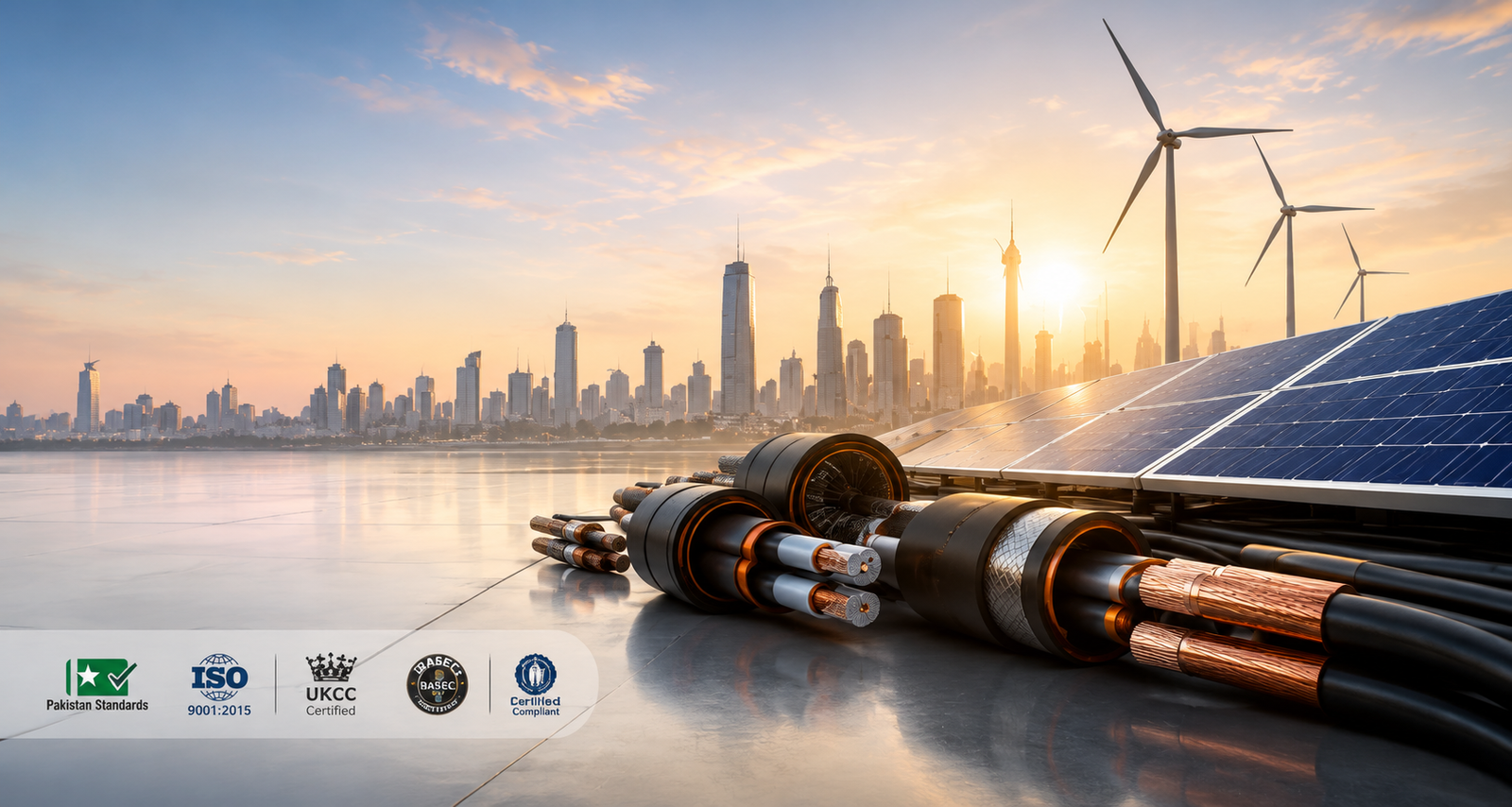 Renewable energy cable range beside solar panels and wind turbines at sunrise