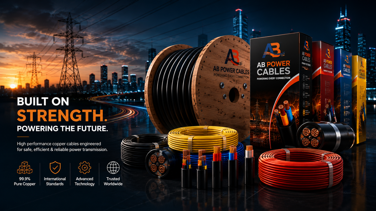 Built on strength — AB Power Cables drum, coils and packaging against a night city skyline