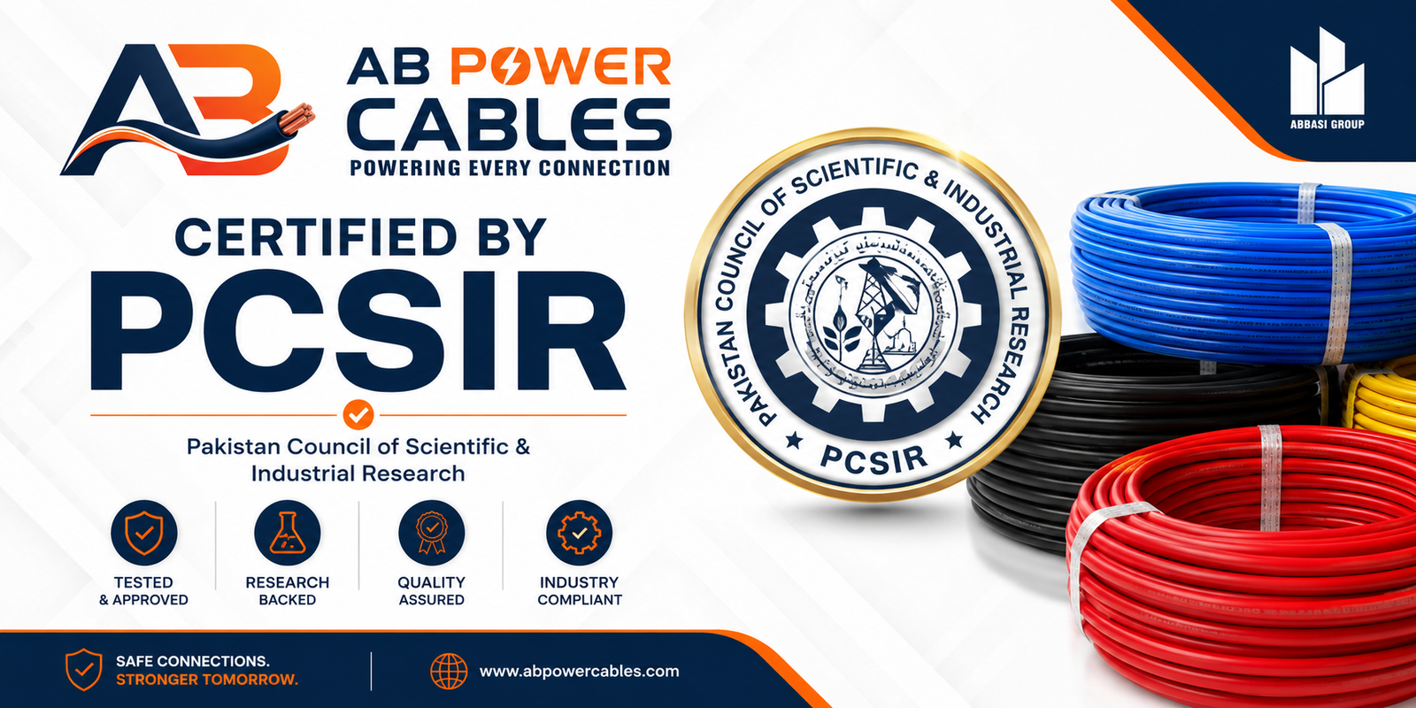AB Power Cables — Certified by PCSIR. Pakistan Council of Scientific & Industrial Research: tested & approved, research backed, quality assured, industry compliant.