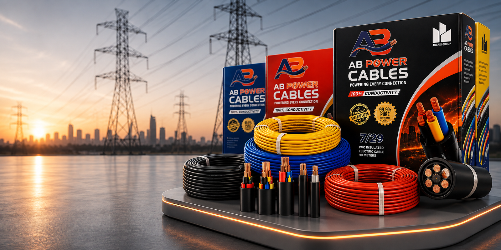 AB Power Cables retail cable range and packaging against a transmission grid at sunset